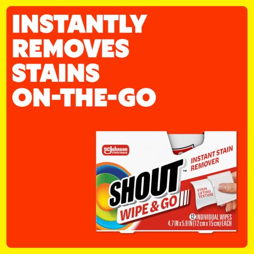 Image of Shout Wipe & Go Instant Stain Remover Wipes, No Wash Required, Safe on Colorfast Washables, Travel & Baby Diaper Bag Essentials, Removes Grass, Coffee, Makeup & More, 12 Wipes (Pack of 1)