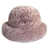 MH Bailment Women's Winter Genuine Rabbit Fur Hats with Fox Fur Brim Knitted Hats Russian Fur Hats Fluffy Fuzzy Hats (Dark Pink)