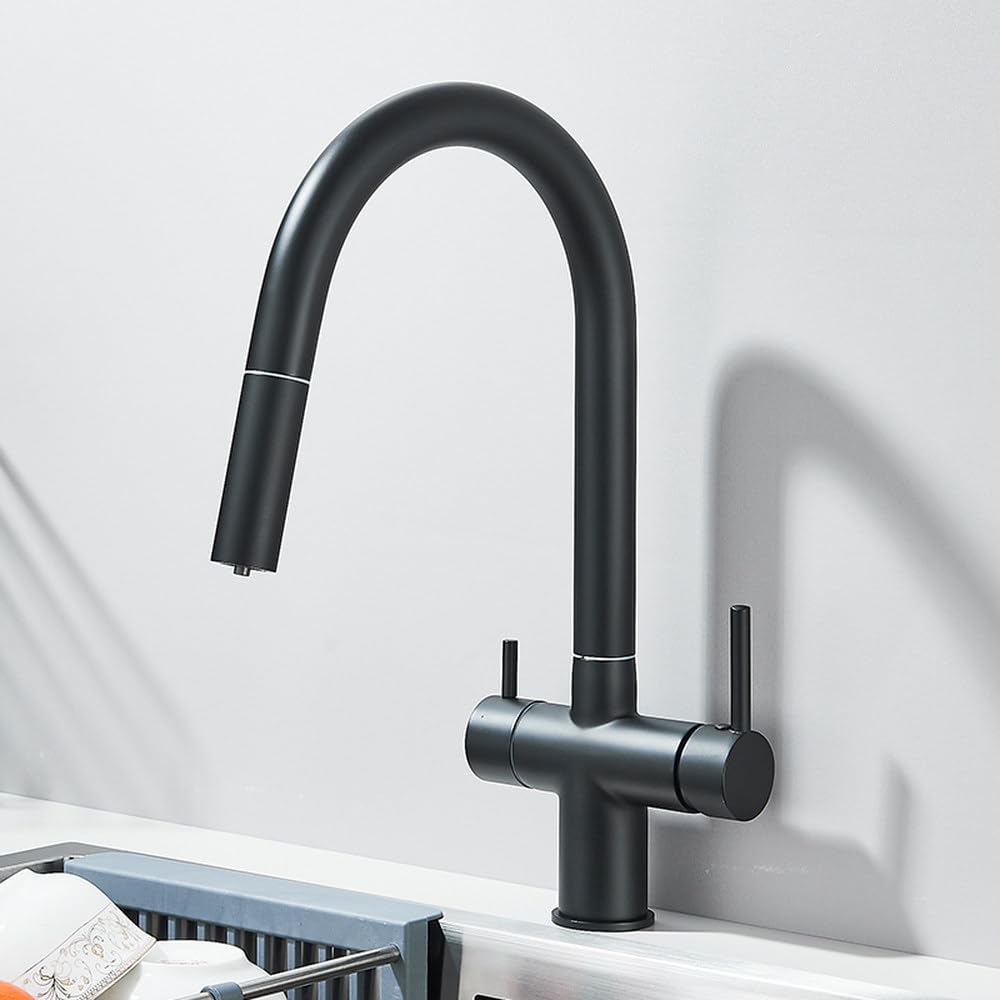 Robinet de cuisine avec filtre mitigeur eau chaude froide flexible à retrait noir