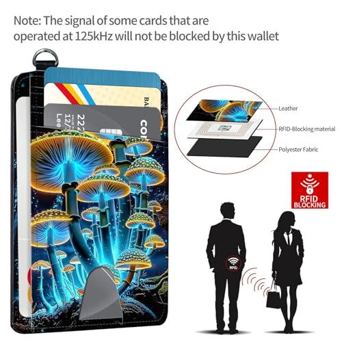 Slim RFID Blocking Card Holder Wallet with Wrist Strap - Minimalist Front Pocket Wallet, Luminous Mushroom Design, PU Leathe, for Men & Women, Ideal for Travel & Gifts4