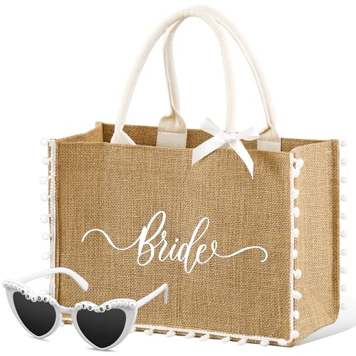 Weewooday Set 2 Regalos de Novia Bride Bolso Tote Nupcial de Yute 35 x 25 x 13 cm con Lazo Bride To Be Gafas de Sol Nupcial en Forma Corazón Accesorios para Boda Despedida de Soltera Mujer (Pompón)