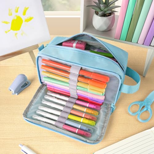 Image of Sooez Original High Capacity Pencil Case, Big Pencil Bag Pouch Box Organizer Pen Case, Aesthetic Supply for Girls Adults, Portable Journaling Supplies with Easy Grip Handle & Loop, Blue