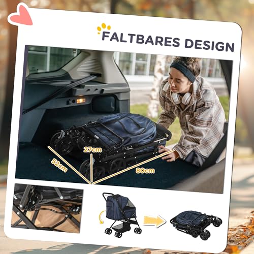 PawHut Hundebuggy Hundewagen Buggy für kleine Hunde und Katzen Haustierwagen Pet Stroller Katzenbuggy Oxford Blau 76,5 x 52 x 95 cm