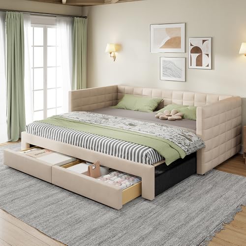 Generisch Sofá cama extensible 3 en 1, 90/180 x 190 cm, con cajones, moderno sofá de lino de algodón como cama de invitados, ahorra espacio y se puede convertir (sin colchón)