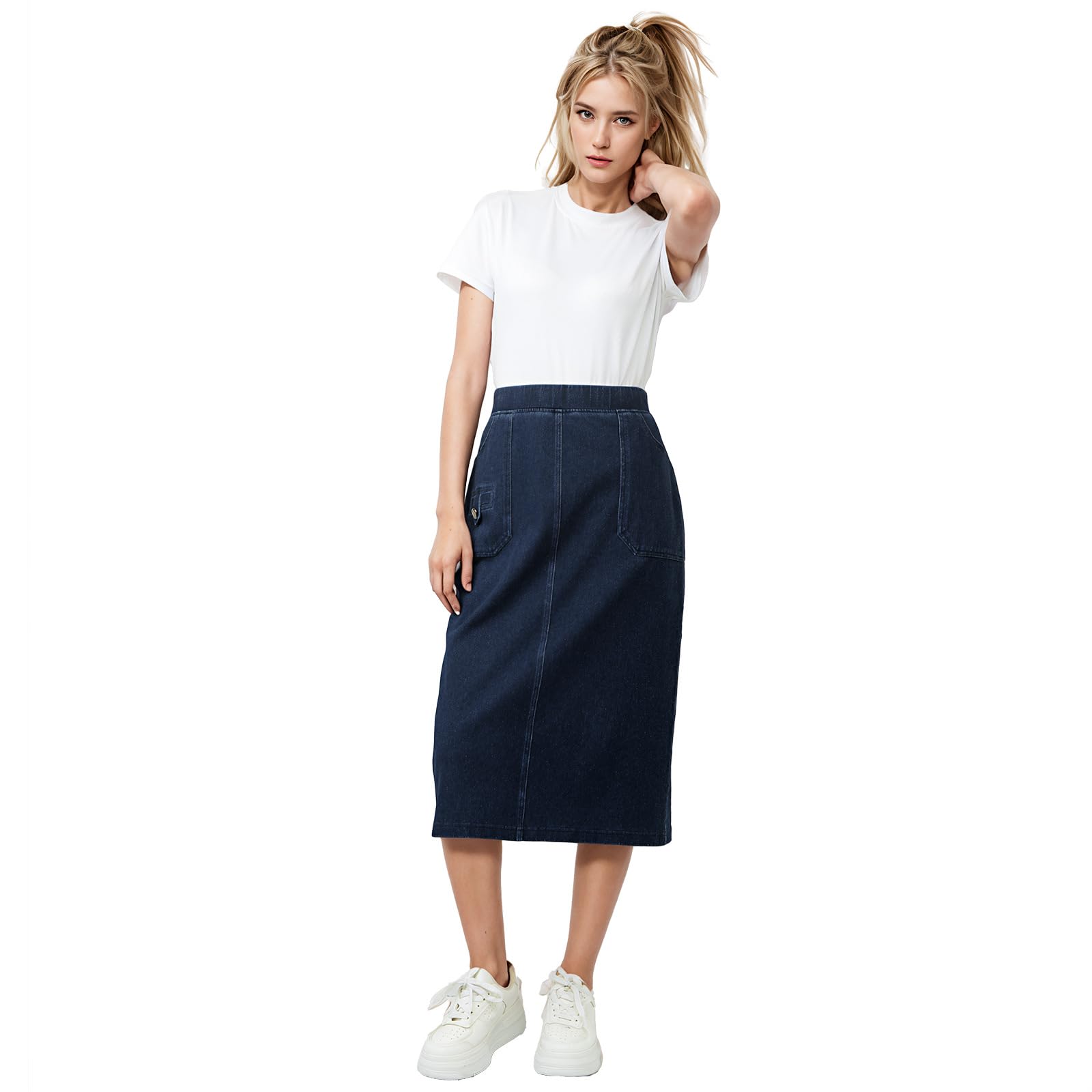 Faldas Vaqueras para Mujer, Mezclilla Lavada Azul Oscuro, Cintura Alta Elástica, Múltiples Bolsillos, Abertura Trasera, Faldas Midi De Corte A, Verano, Casual, Diario, Salir, Elegante, P