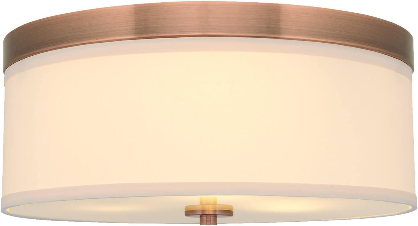 Kira HomeWalker 15" Mid-Century Modern 3-Light Flush Mount Ceiling Light, Cream Fabric Shade + Round Glass Diffuser, Copper Bronze Finish