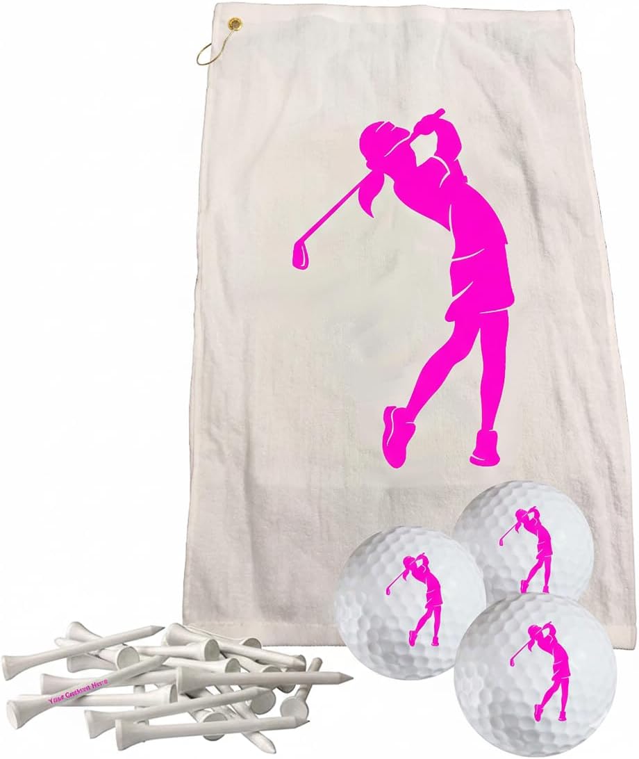 Personalized Golf Towel Set, 16 x 26 Inch Lady Towel Gift Set for Women with 3 Custom Balls and 15 Wooden Tees, Golf Accessories for Women, Orange, Gift Ready Packaging