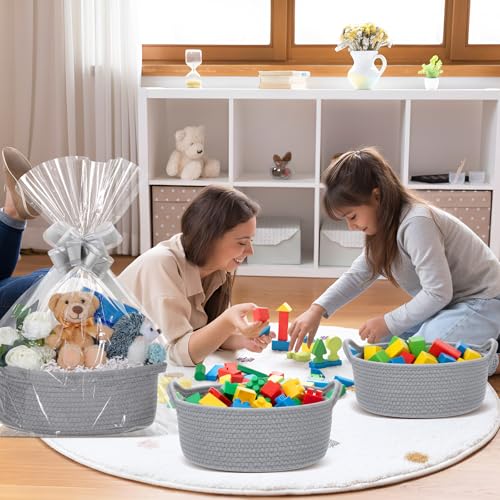 Image of Colingmill Woven Basket with Gift Bags and 2 Ribbons, Raffia Grass Paper Shred Filler, Gift Card, Empty Small Rope Basket for Storage Presents Toy Organizer(Grey,12 * 8 Inch)