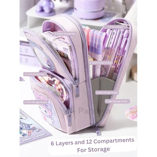 Image of WORSHIPER 6 Layer with 3 Compartment Premium Canvas Pencil Pouch for School Girls and Boys, Cute Aesthetic Stationery Items Kit Case, Large Capacity Stationary Pencil Pouch (: Purple Cute Rabbit)