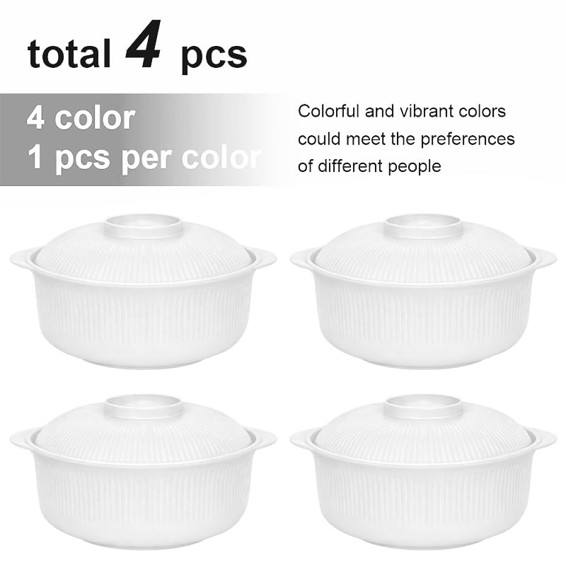 Image of White 40oz Cereal Bowls with lid set of 4,Microwave Safe,Family&Camping