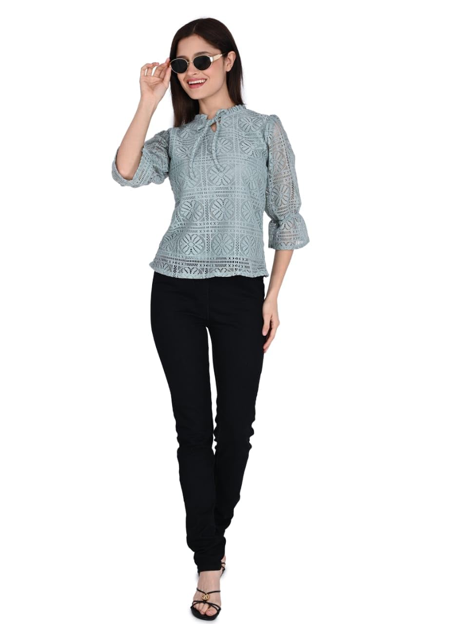 ORIEX THE ORIGINAL FASHION ORX-Girls tie up Neck Long Bishop Sleeves Knitted net top-141 (in, Age, 13 Years, 14 Years, Regular, Green) - Image 6 thumbnail
