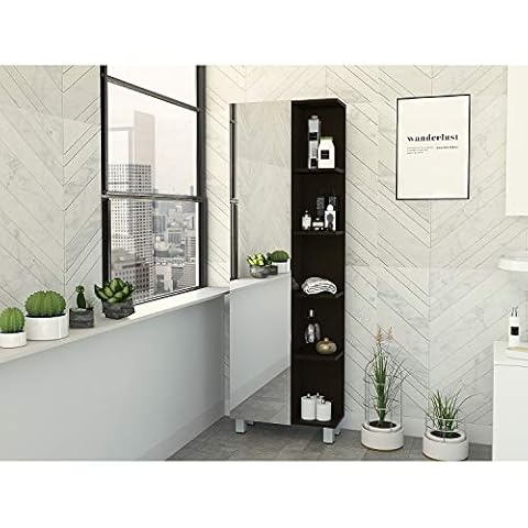 Tuhome Furniture Urano 62" Linen Cabinet with Open Storage and Mirror in Black Cover