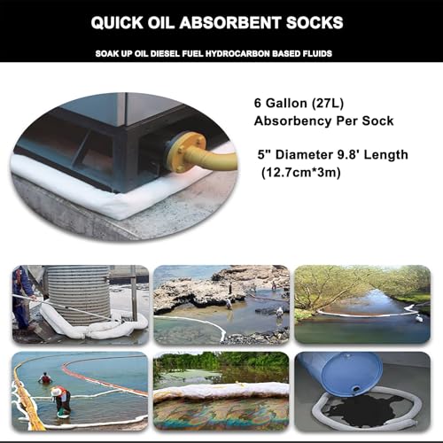 Image of Oil Absorbent Socks Oil-Only Absorbent Boom Soak up Oil Diesel Fuel Hydrocarbon Based Fluids, 6 Gallon (27L) Absorbency Per Sock, 5 inch Diameter 9.8' Length (12.7cm*3m)(Size:Pack of 5)