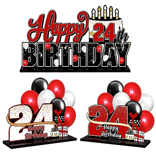 LINGTEER Happy 24th Birthday Red Acrylic Table Topper Centrotavola Set - Cheers to 24 Years Old Birthday 24th Bday Party Gift Decorations.