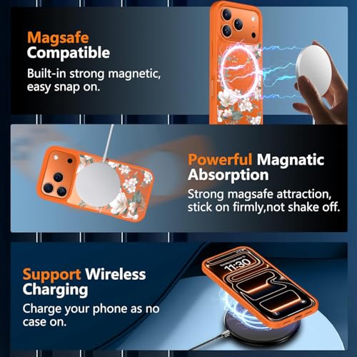 Image of VONZEE Back Cover Case Compatible with iPhone 17 Pro Max, Luxury Retro Flowers Floral Clear for Magnetic Wireless Charging Case Shockproof PC+TPU Cute Glossy Shiny Cover for Girls|6.9''|Cosmic Orange