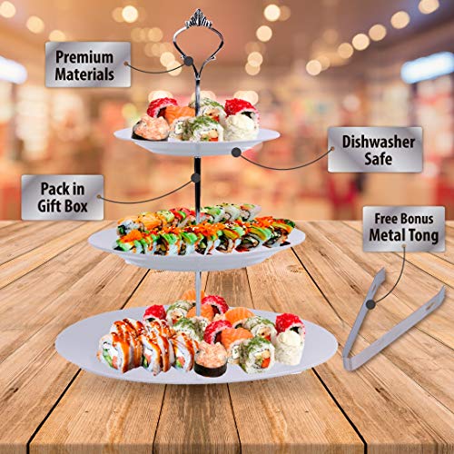 3 Tier Serving Tray Stand – Round Cupcake Dessert Party Platter with Bonus Serving Metal Tongs – Three Tiered Food Holder Display for Weddings, Tea Parties, Birthdays or Holiday Dinners - Image 4