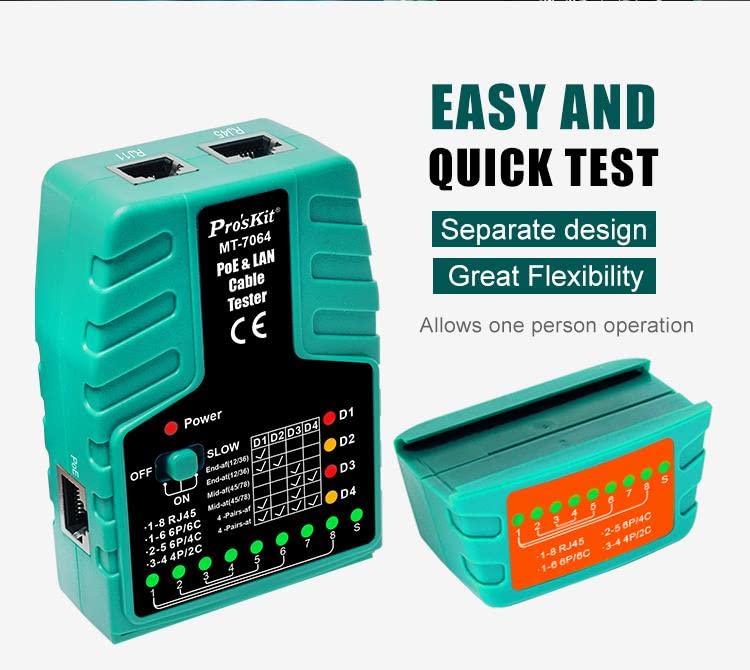 Miniatura 5 de Pro'sKit Probador de cables MT-7064 PoE y LAN Probador PoE-IEEE 802.3 afat Probador de cable estándar MidspanEndspan - RJ11RJ12RJ45(MT-7064)