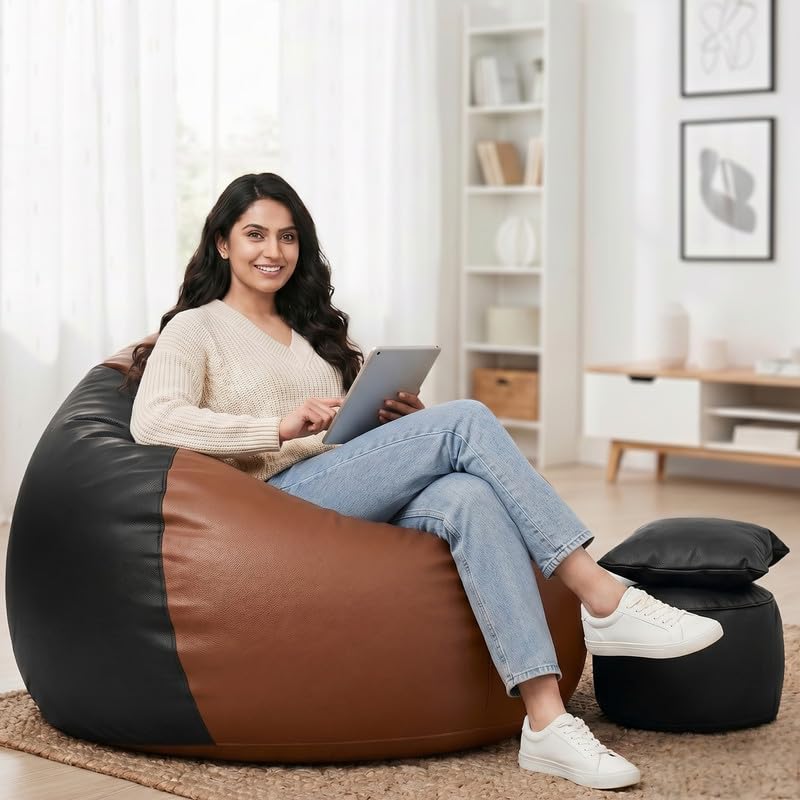 Image of Biggie Bean Bag 5XL Bean Bag Chair with Beans Filled - The Classics Bean Bag Sofa - Combo Set-Styled for Elegance with Free Cushion & Footrest (Matching Color : Xesto Tan-Brown-Black)