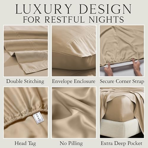 Image of KARISSA MAE Luxury Bamboo Viscose Twin Size Sheet Set | FSC Certified | Cooling | Ultra Soft | 18 inch Deep Pockets | Elastic Corner Straps | Includes Organizer Band [Wheat]