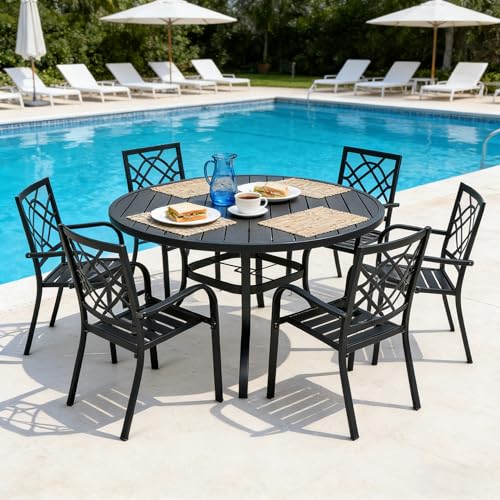 Image of SUNCROWN 7-Piece Outdoor Wrought Iron Chairs and Table Patio Dining Furniture Set - 6 Stackable Metal Chairs, 1 53 inch Round Steel Slat Bistro Table for Garden Backyard Deck