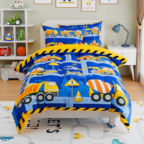 Image of SANDJEST Construction Bedding Sets for Boys, Ultra Soft Microfiber Comforter Bed Set with 3-Pieces, Comforters Sets for Kids Children Boy Bedroom Decor