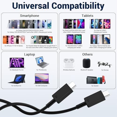 Image of 2Pack for Samsung Charging Cable 6FT,100W /5A Fast Charging Long Type C to Type C Cord,for Galaxy S26 /S25 /S24 /S23 /S22 /S21 /S20 /S10 /S9 + /Edge /Ultra,Note20 /10 /9 /8,Z Fold /Flip7-4,Tab S /A,USBC Charger Wire