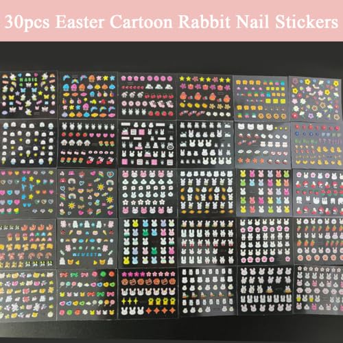 Image of MAYCREATE Cartoon Rabbit Nail Stickers for Kids, 30 Sheets 3D Self-Adhesive | Easy Peel and Press Application, Playful Detail Without Drying Time, Self-Adhesive Backing for DIY Manicures