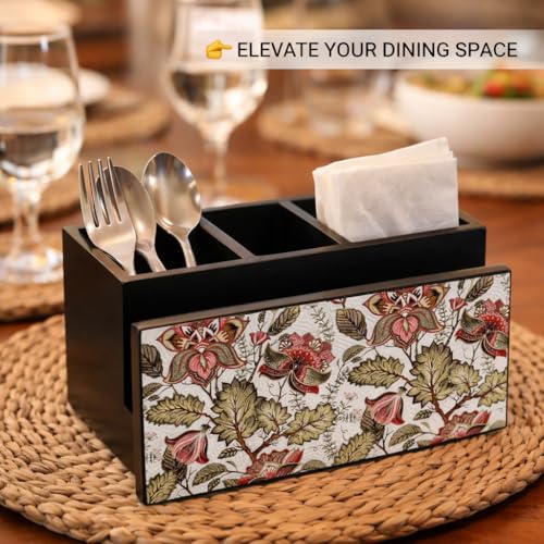 Image of Wooden Cutlery Stand Holder I Countertop Organizer - Spoon Fork Knife Napkin Tissue Paper I Home & Kitchen I Size 7 inch X 5 inch X 4 inch I Floral Fantasy, Multicolor
