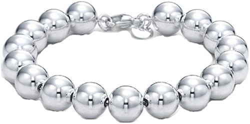 Pulsera de cuentas redondas de 0.394 in en plata de ley 925 de 7.5 pulgadas, Plata Esterlina, No es una piedra preciosa