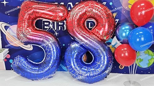 Image of 40 In Red And Blue Spider Theme Large Number 3 Balloon | Giant Large Helium Foil Balloon for Boy or Girl 3 th Birthday Wedding Anniversary Baby Shower Party Decorations
