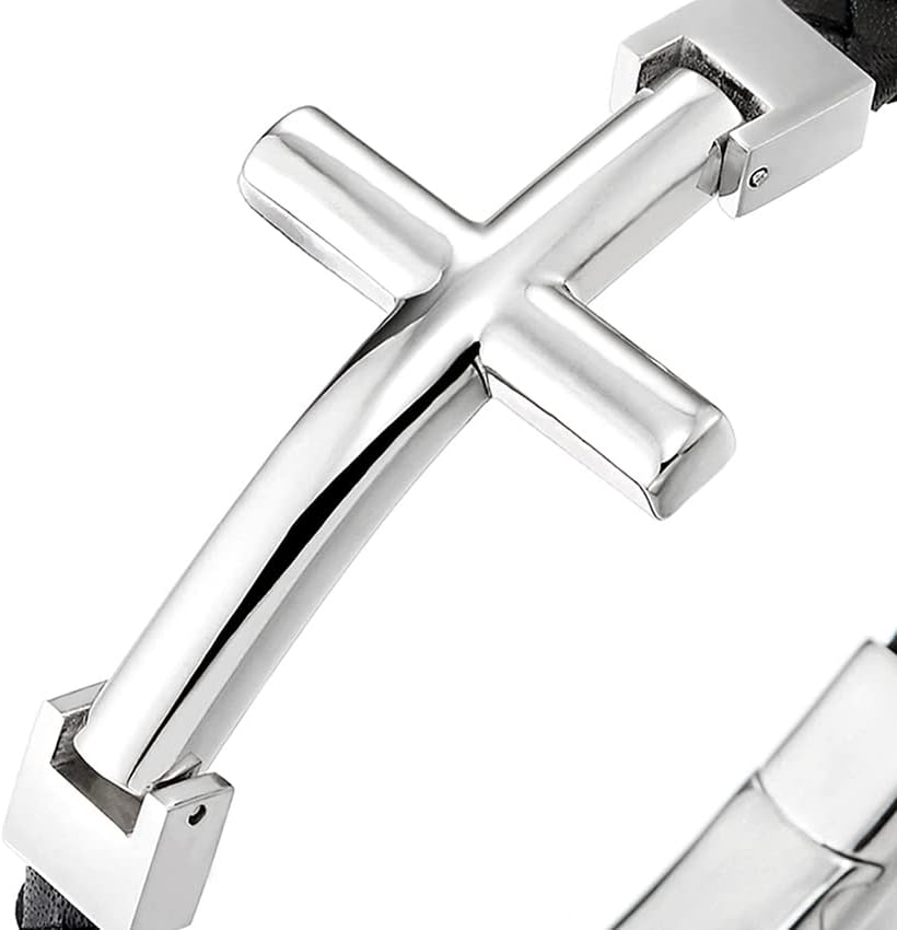 COOLSTEELANDBEYOND Men Women Stainless Steel Horizontal Sideway Lateral Cross Black Braided Leather Bangle Bracelet - Image 3
