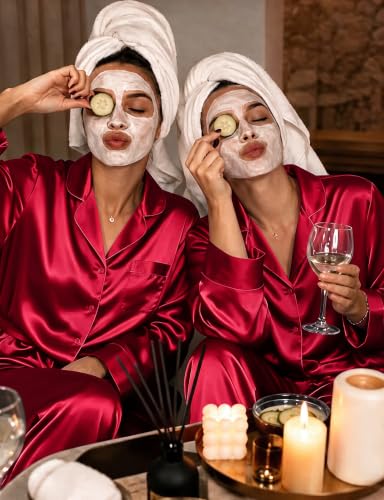 Image of SWOMOG Long Sleeve Pajamas Set Silk Satin Sleepwear Button Down Pjs Loungewear with Pocket