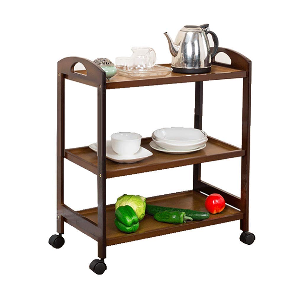 Carritos de Servicio de 3 Niveles, Carrito de Comedor con Soporte de Madera, Bandeja de Madera Maciza, 4 Ruedas universales con Bloqueo para Cocina, hoteles, restaurantes y residen