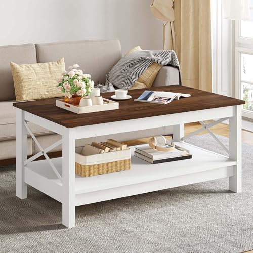 YITAHOME Coffee Table for Living Room, Modern Farmhouse Coffee Table with Storage, 2-Tier Center...