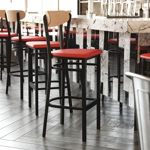 Image of Flash Furniture Wright Commercial Barstool - Natural Birch Finish Wood Boomerang Back - Red Vinyl Seat - 500 LB. Capacity Black Steel Frame - Integrated Footrest