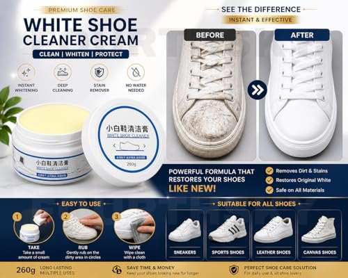 Image of White Shoe Cleaner Cream 260GM | Sneaker Cleaning & Whitening Cream | Instant Stain Remover for Sports Shoes, Canvas & Leather | Deep Clean & Bright White Finish