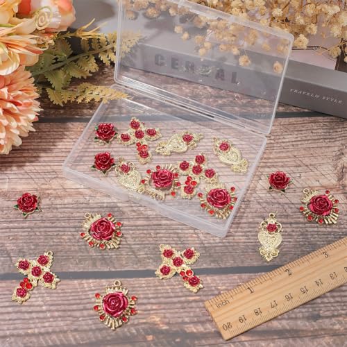 SUNNYCLUE 1 Box 24Pcs Valentines Day Baroque Rose Charms Alloy Gold Flower Charm Scared Heart Red 3D Cross Roseflower Charm for jewellery Making Charms DIY Necklace Bracelet Crafting Earring Decor - Image 3