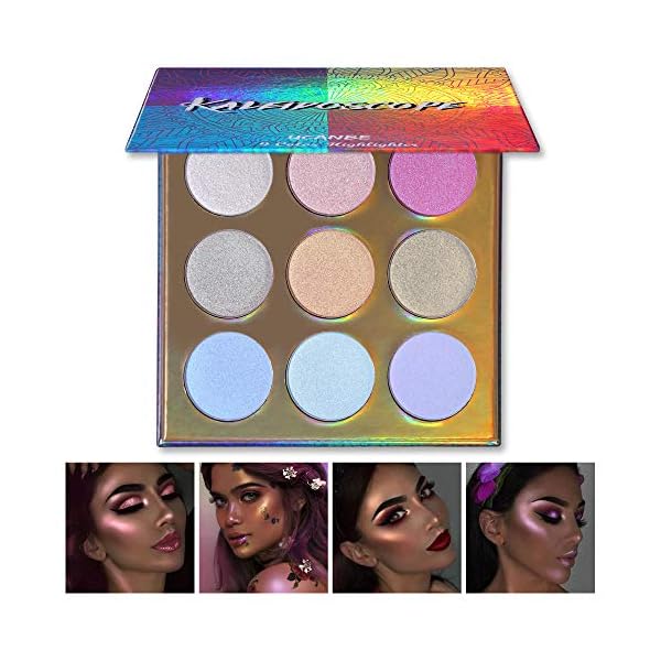 UCANBE Kaleidoscope Holographic Highlighter Makeup Palette Kit, 9 Color Polarized Shimmer Illuminating Glow Highlighting Bronzers Powder Set, Laser Outer Packaging with Mirror Cosmetics