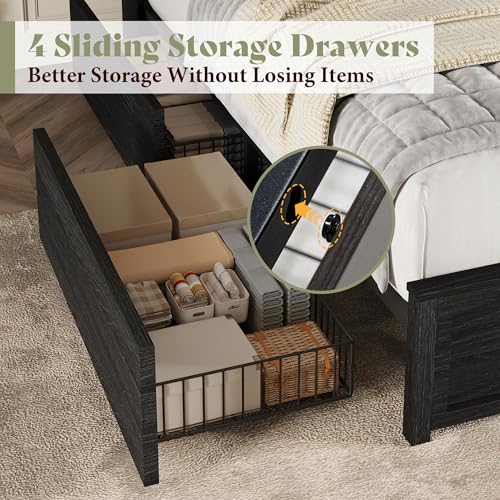 Image of AMERLIFE King Bed Frame with Fireplace, Farmhouse Storage Platform Bed with 57 inch Headboard, Barn Door Cabinets, 4 Drawers & 2 Bedside Racks, RGB LED & Charging Station, Black