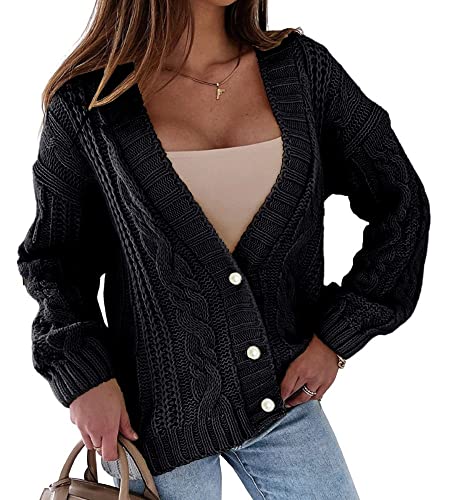 Women's Vintage Cable Knitted Solid Open Front Cardigan V-Neck Half Pearl Buttoned Croped Sweater Outwear