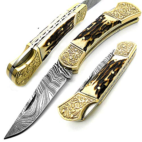 Knife Stag Horn Brass Double Bloster Hunting Folding Knife with Scrimshaw Work 7.6'' Handmade Damascus Steel Folding Pocket Knife with Back Lock Prime Quality