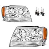 KarSpareHub Headlights Assembly for 1999-2004 Jeep Grand Cherokee Headlamp Replacement Chrome Housing Amber Reflector Driver & Passenger Side