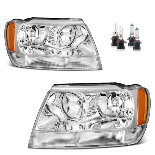 KarSpareHub Headlights Assembly for 1999-2004 Jeep Grand Cherokee Headlamp Replacement Chrome Housing Amber Reflector Driver & Passenger Side