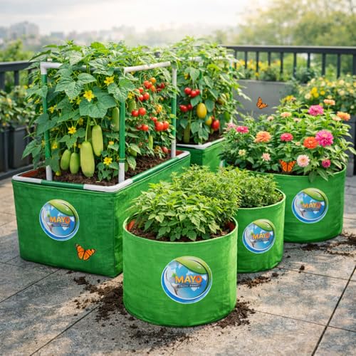 Image of MASHKI 9 inch x 9 inch HDPE Garden Green Grow Bags - Perfect for Home Gardening in Terrace Balconies Plant Bags (5)
