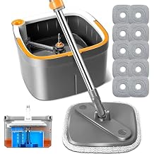 Spin Mop and Bucket Set with 10 Replaceable Microfiber Mop Pads with Self Separation Dirty and Clean Water System, Self Wringing 360 Rotating Square Mop Head for Hardwood Tile Marble Floors