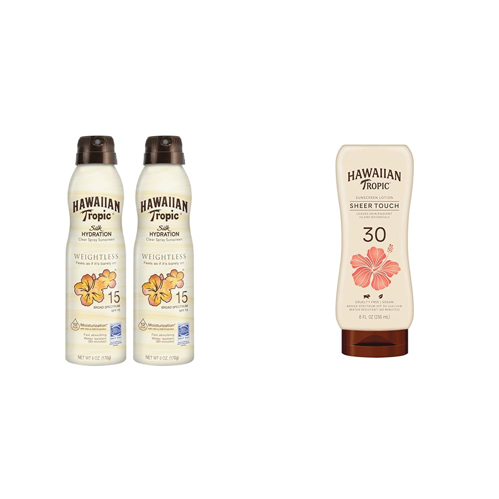 Hawaiian Tropic Weightless Hydration Clear Spray Sunscreen SPF 15 Twin Pack 6oz each & Sheer Touch Ultra Radiance Lotion Sunscreen SPF 30 8oz