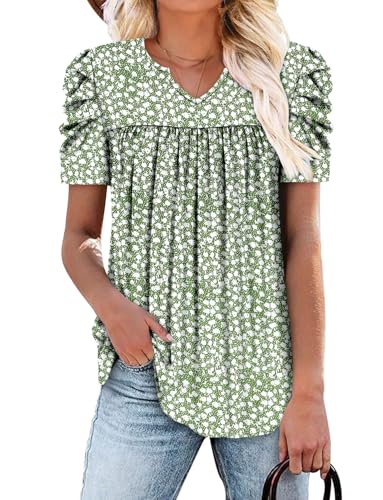 KISSMODA Tops for Womens Summer Cute Short Sleeve Shirts Trendy Notched Neck Blouses Casual Loose Pleated Tunics S-3Xl