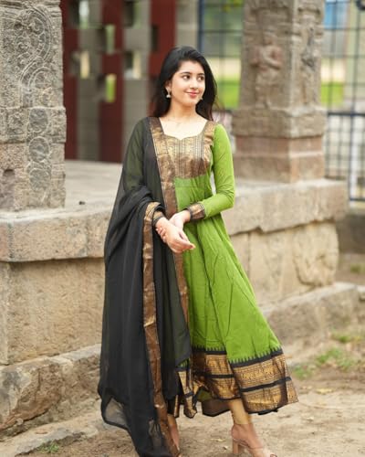 Image of Women's Vichitra Silk Anarkali Gown with Dupatta, Navy Blue Flared Traditional Dress with Magenta Zari Border, Jacquard Weaving Full Sleeves Ethnic Suit