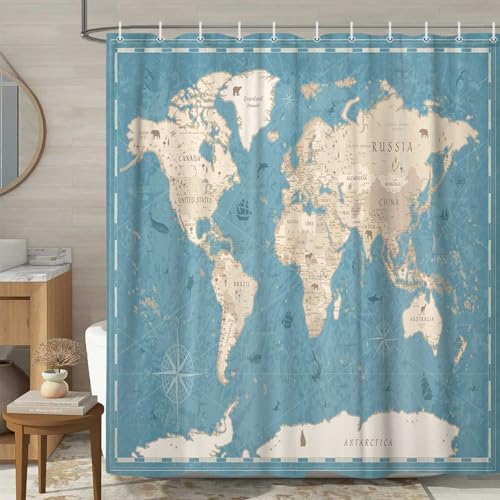 YDIDIAN World Map Shower Curtain Map of The World with National Educational Kids Bathroom Decor Kids Teen Blue Restroom Bathtub Decor Accessories with Hooks 70X70IN