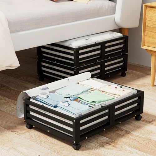 Image of Bamboo Under Bed Storage Containers- Underbed Organizer with Wheels with Large Capacity Dust Bag,Sturdy Wood Rolling Under Bed Shoe Storage Organizer 2 Packs (Black, 2 Packs (23.62"×16.54"))